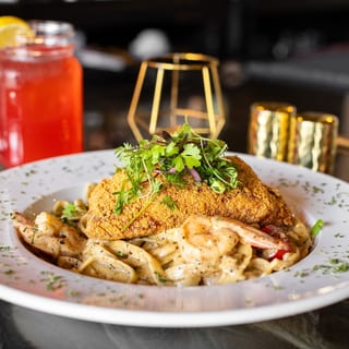 Fried Salmon Jerk Pasta